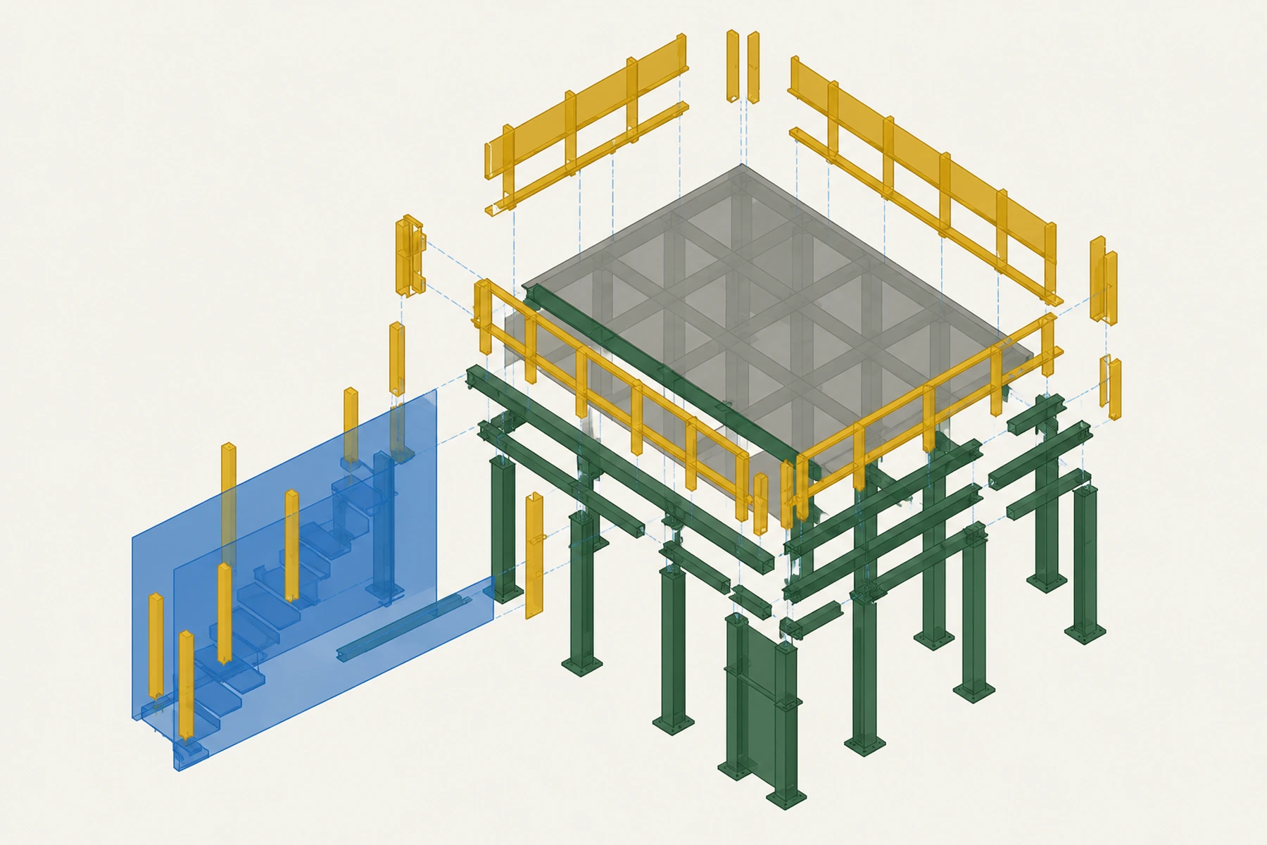 Exploded Modutus demonstration platform with stair, structure and guardrail modules