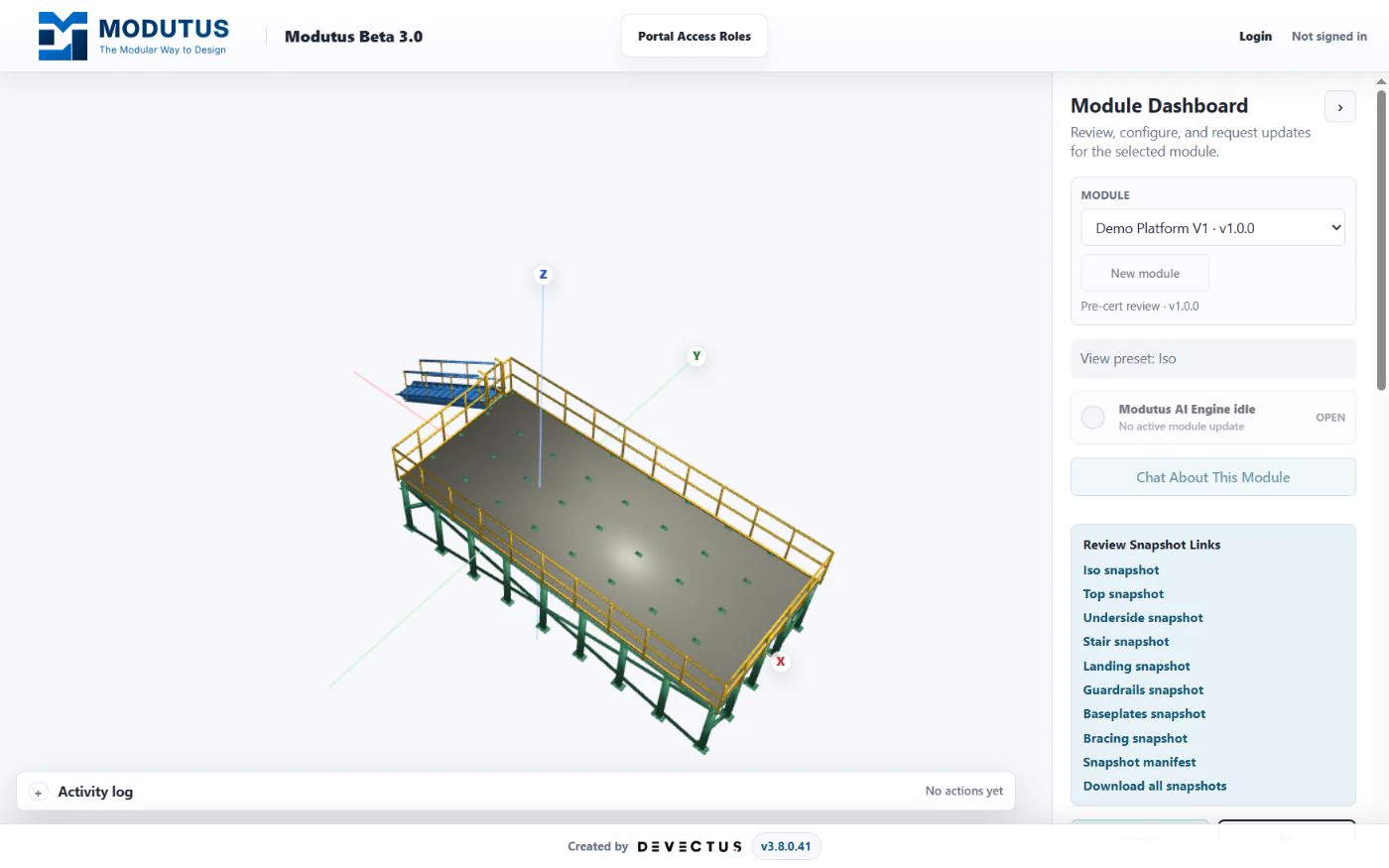 The Modutus V3 browser viewer showing a configurable industrial platform and module controls